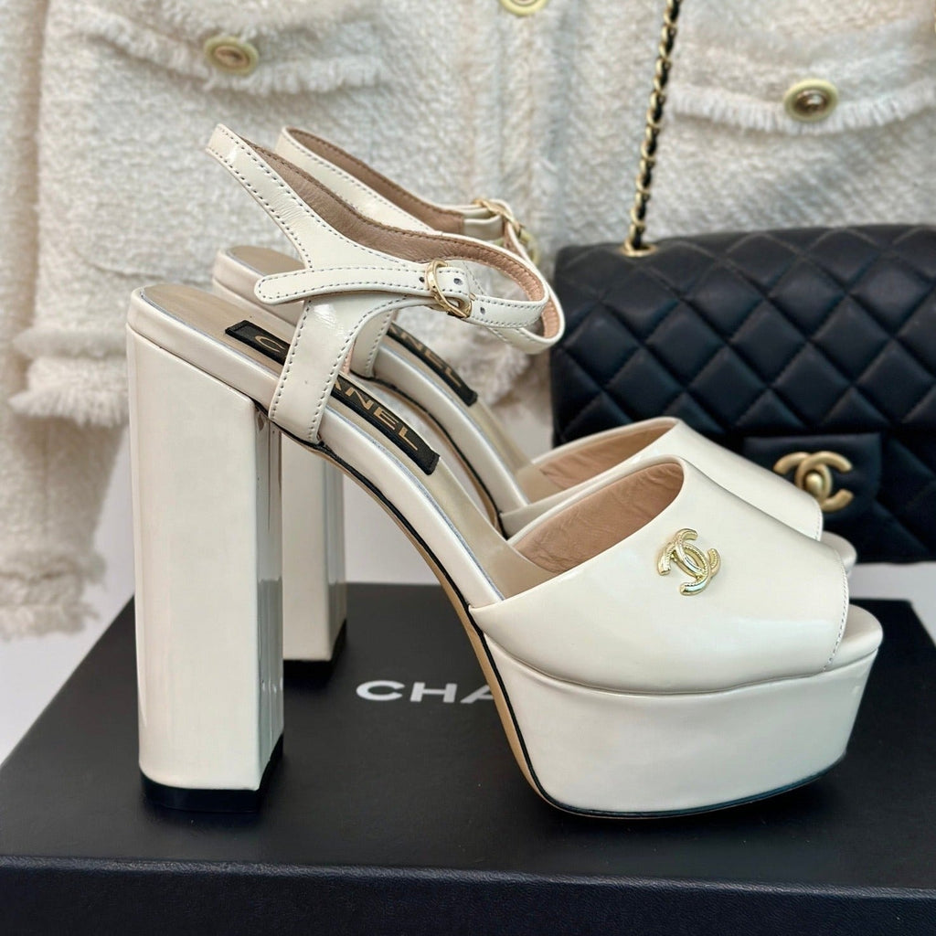 CHANEL Double C High Heel Sandals Beige Cream Leather