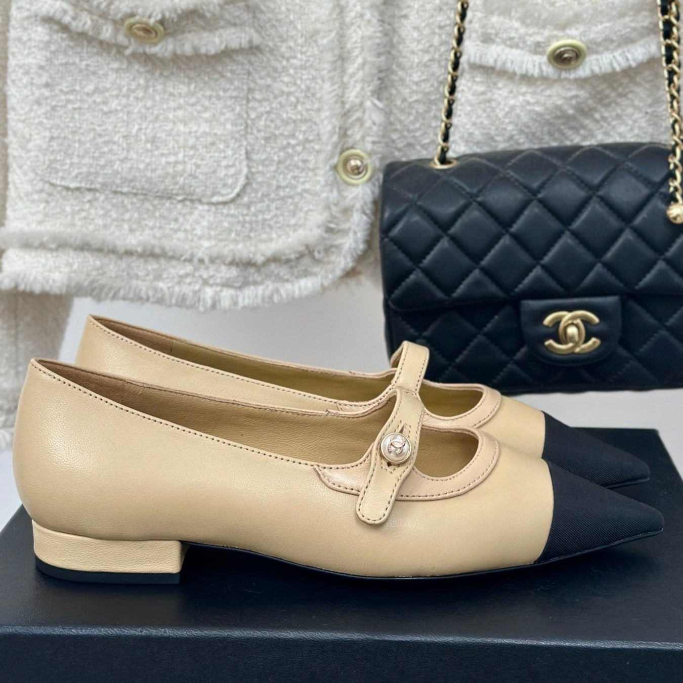 CHANEL Double C Milan Runway Pointed Toe Mary Jane Shoes Dark Cream Black Lambskin