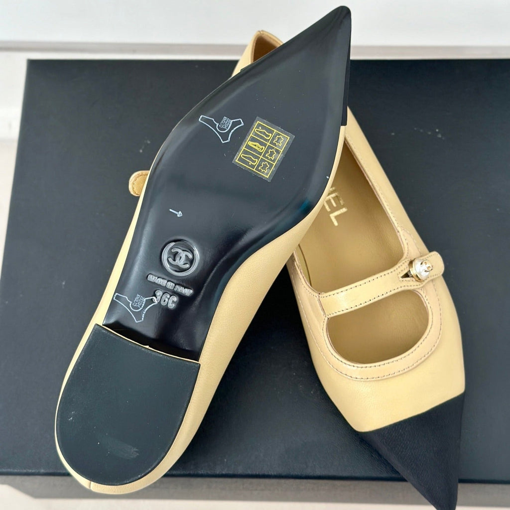 CHANEL Double C Milan Runway Pointed Toe Mary Jane Shoes Dark Cream Black Lambskin