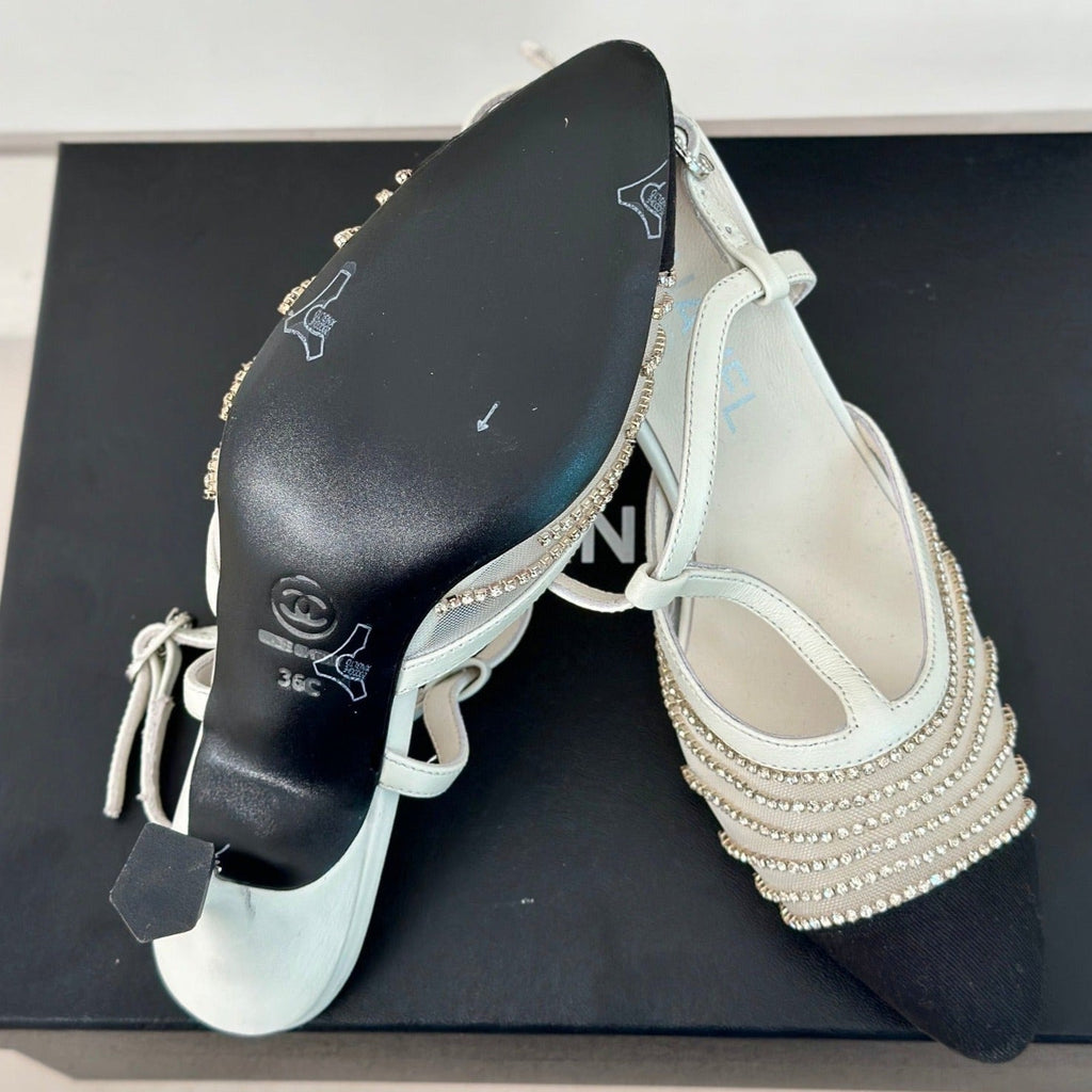 CHANEL Crystal Flat High Heel Sandals White