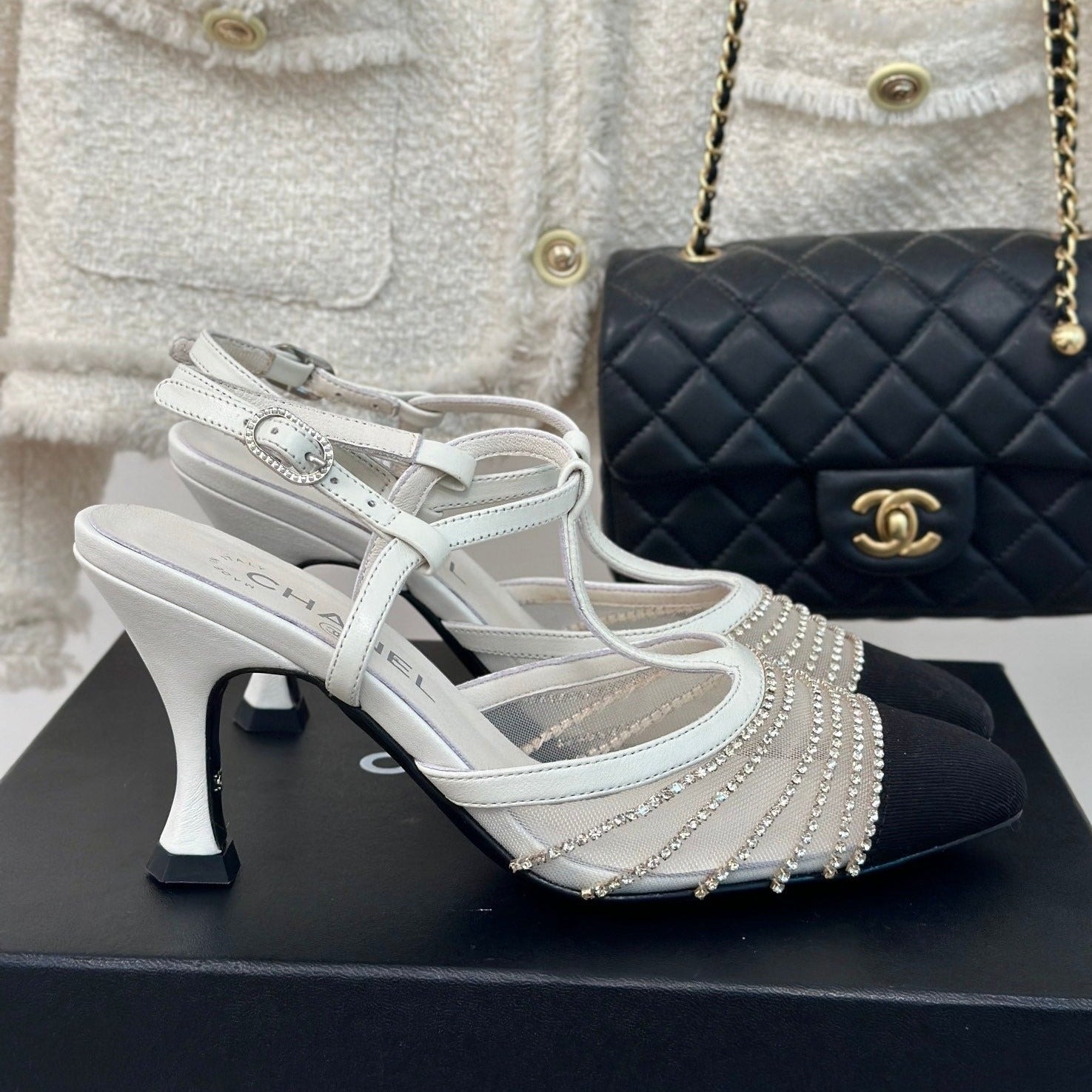 CHANEL Crystal Flat High Heel Sandals White