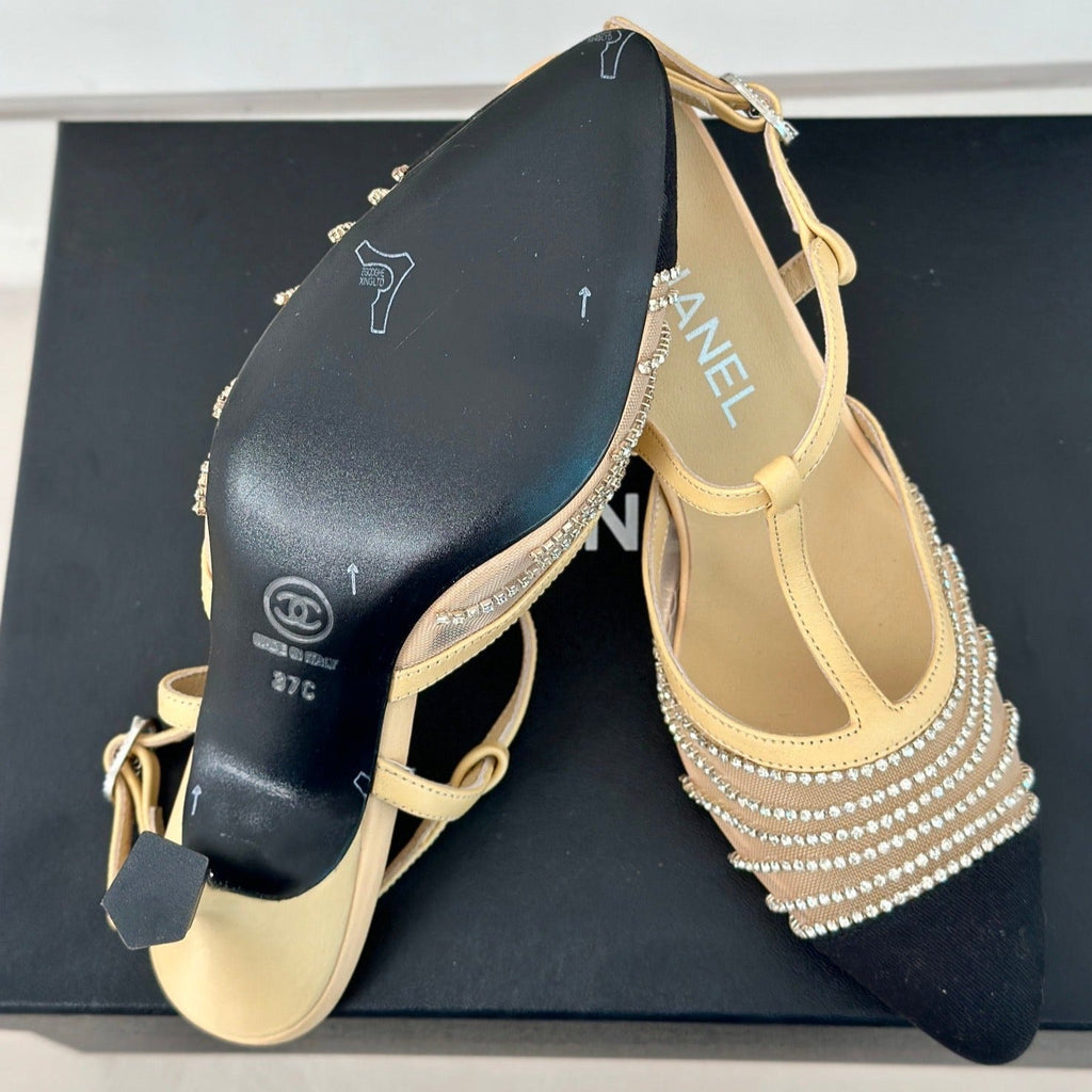 CHANEL Crystal Flat High Heel Sandals Beige Cream