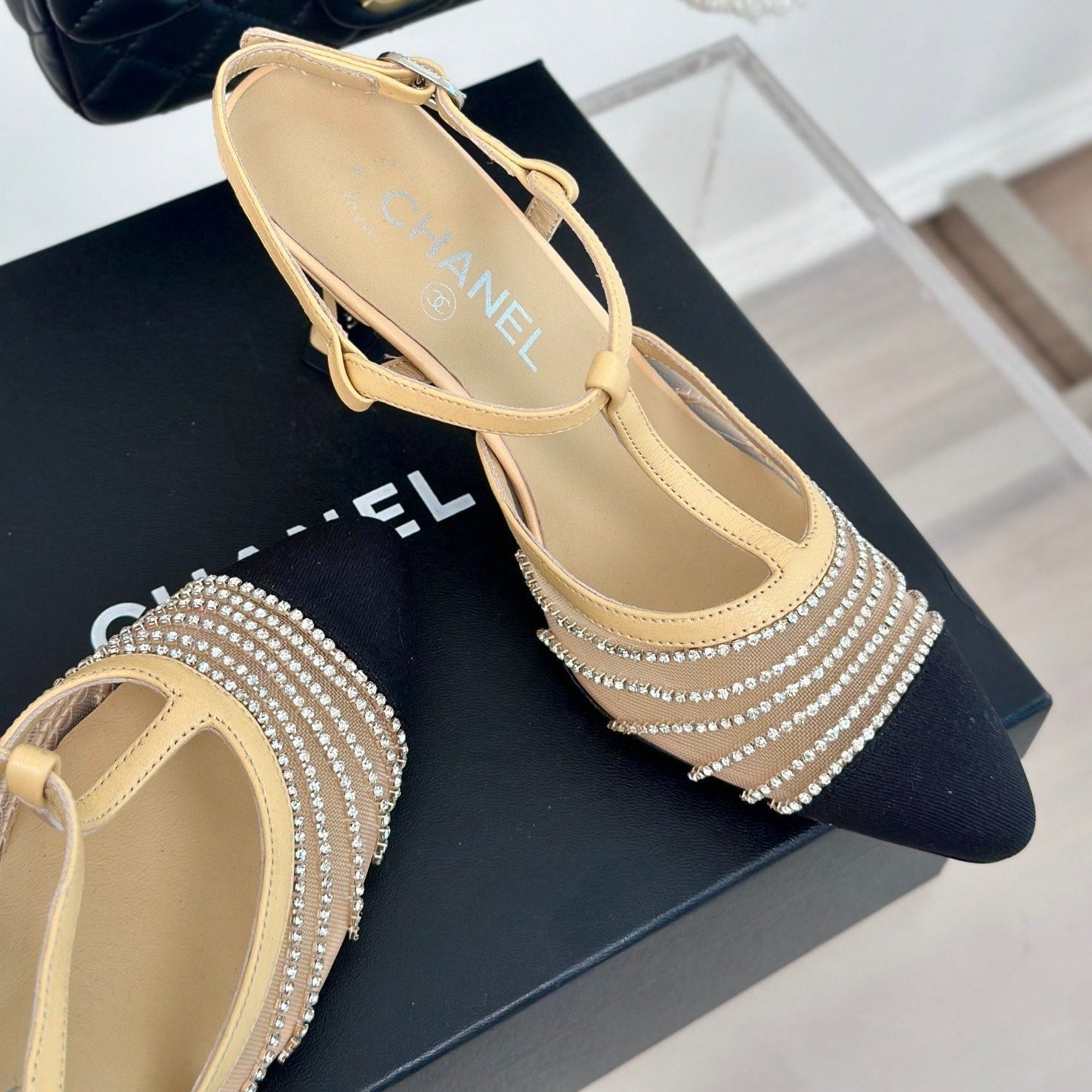 CHANEL Crystal Flat High Heel Sandals Beige Cream