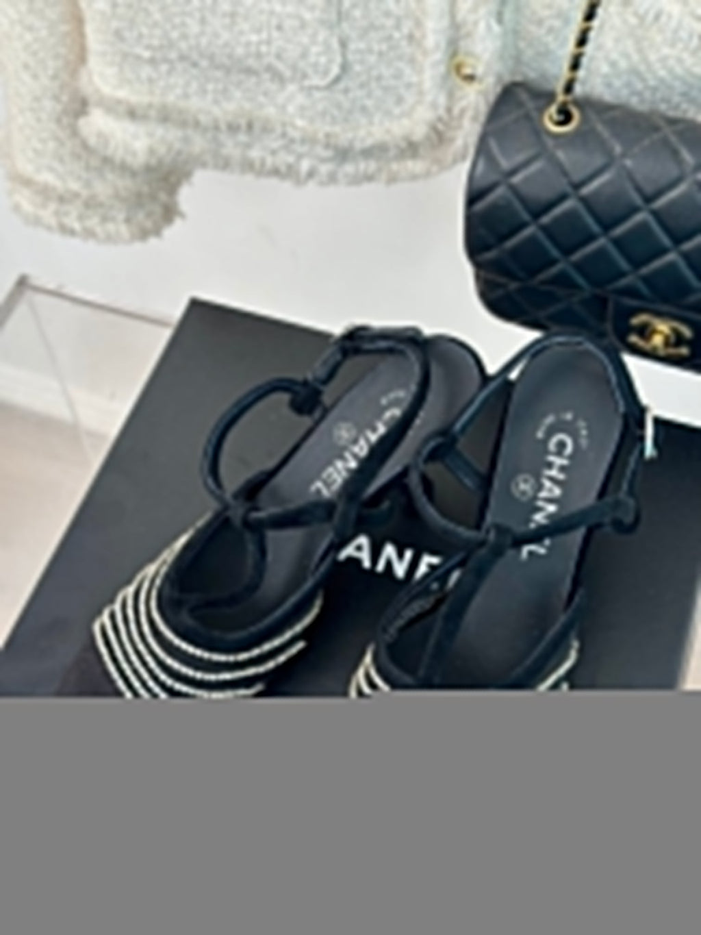 CHANEL Crystal Flat High Heel Sandals Black