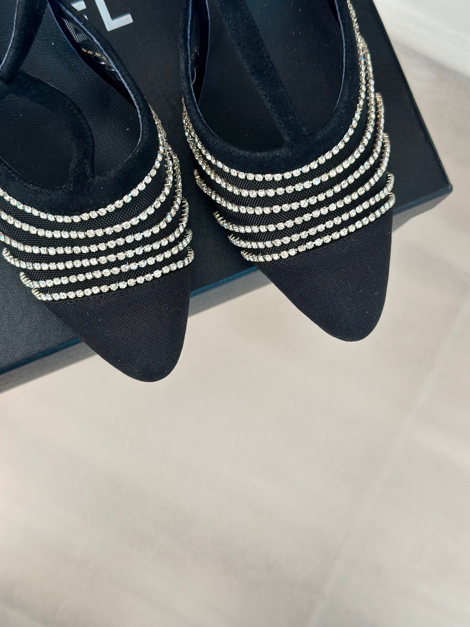 CHANEL Crystal Flat High Heel Sandals Black