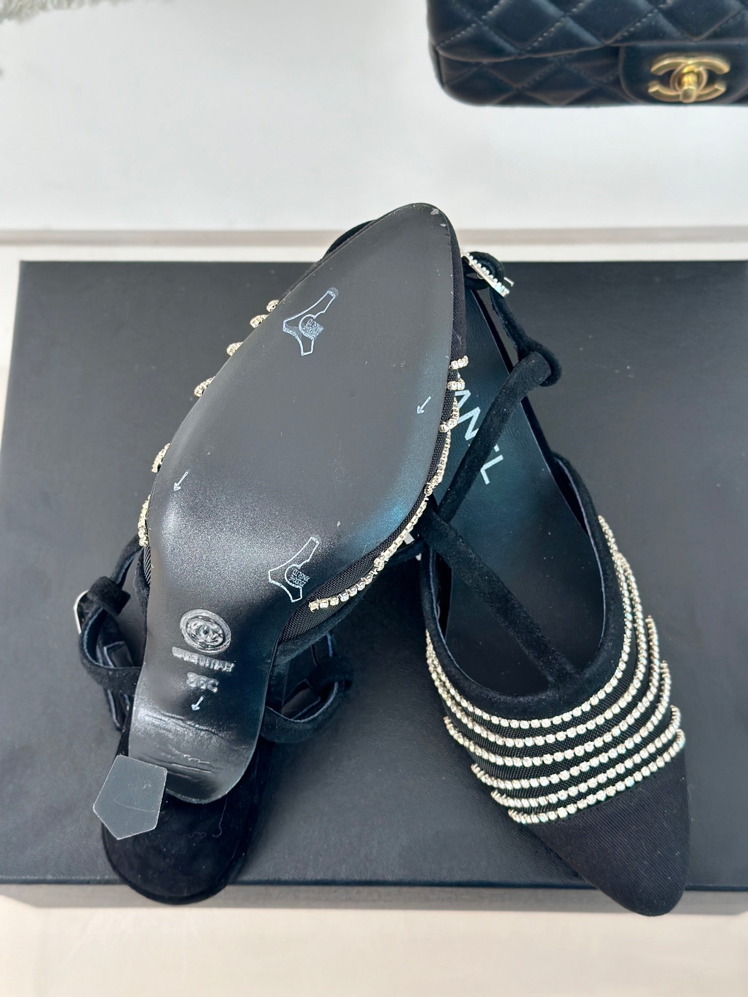CHANEL Crystal Flat High Heel Sandals Black