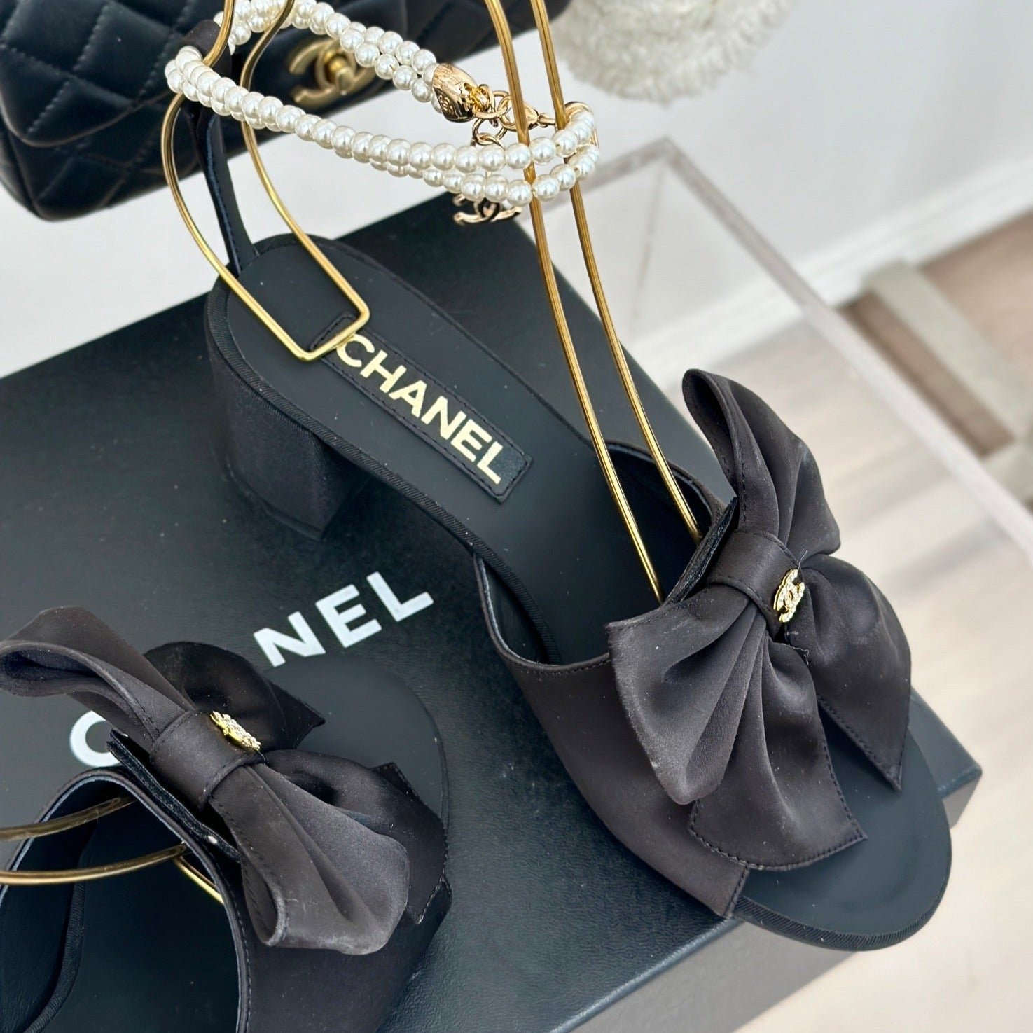 CHANEL Double C Big Bow Pearl Chain High Sandals Black Lambskin