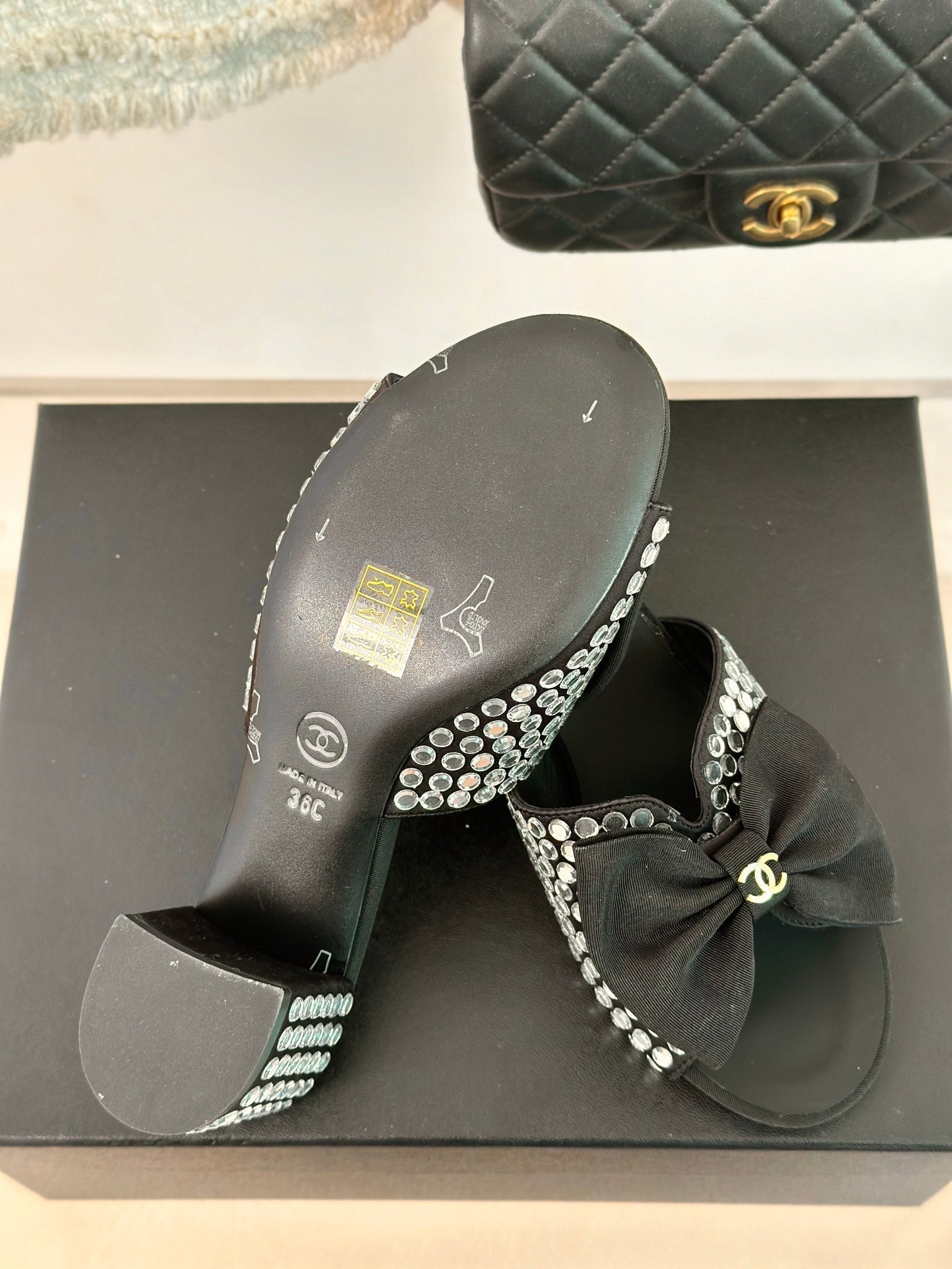 CHANEL BLOCK HEEL MULE WITH WHITE RHINESTONES IN BLACK LAMBSKIN