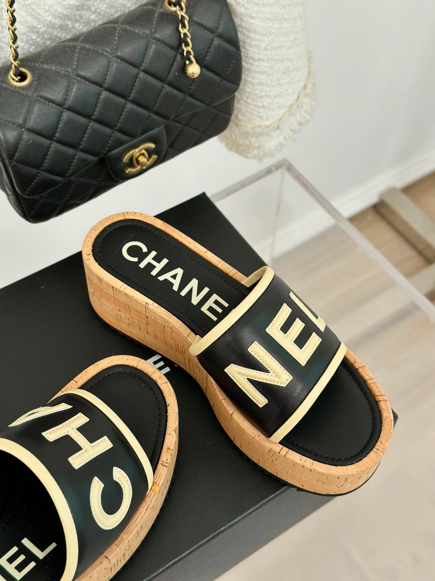 CHANEL THICK SOLE LETTER SLIPPERS IN BLACK SHEEPSKIN