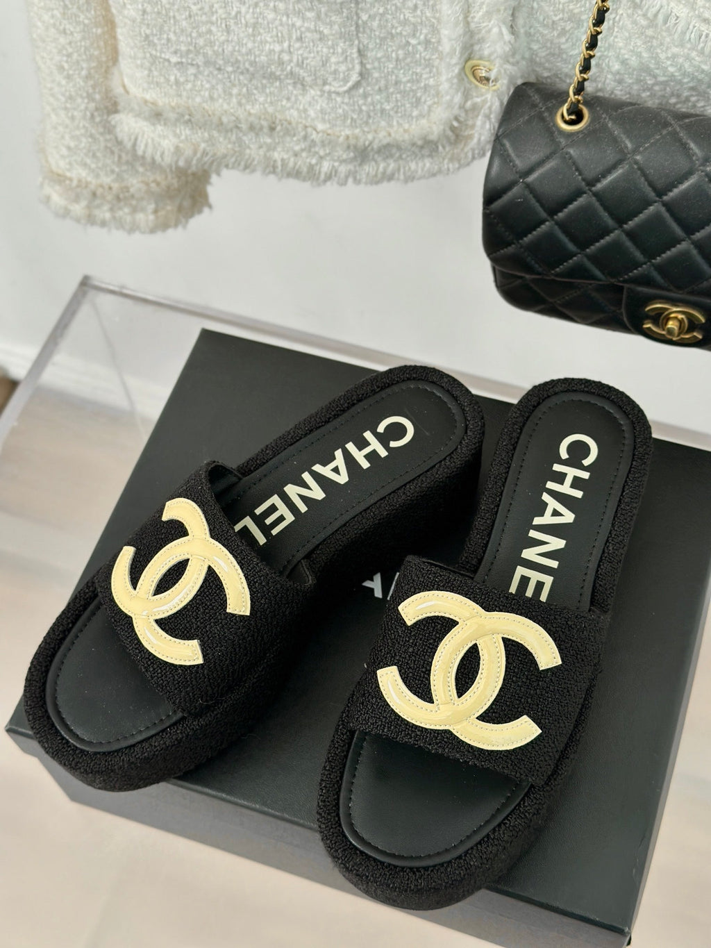 CHANEL CLASSIC SLIPPERS THICK SOLE IN BLACK TWEED