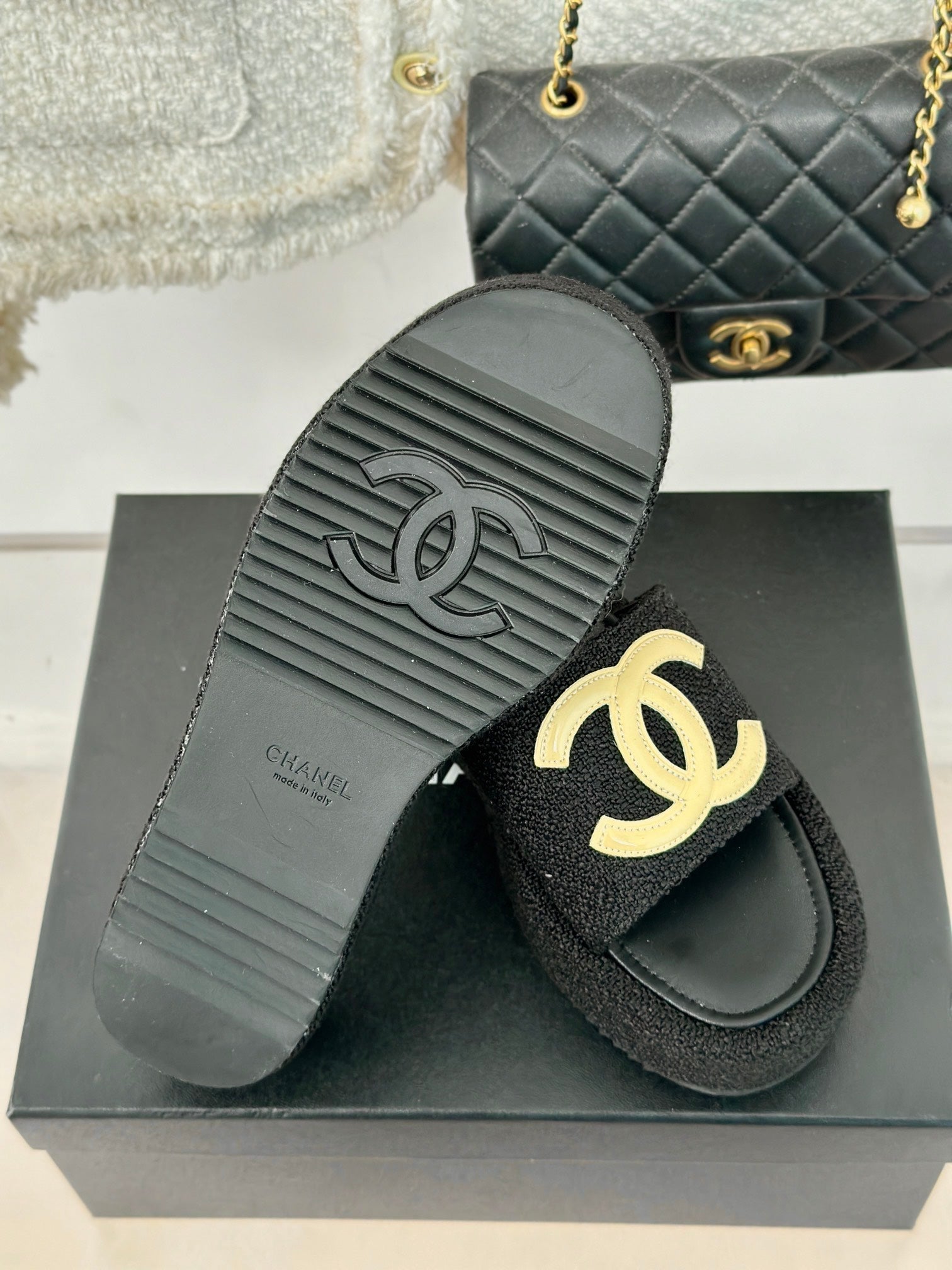 CHANEL CLASSIC SLIPPERS THICK SOLE IN BLACK TWEED