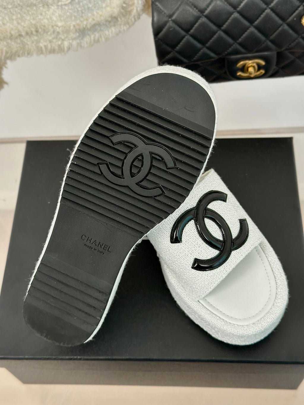 CHANEL CLASSIC SLIPPERS THICK SOLE IN WHITE TWEED