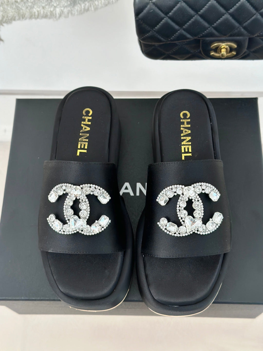 CHANEL SLIPPERS THICK SOLE IN BLACK SATIN