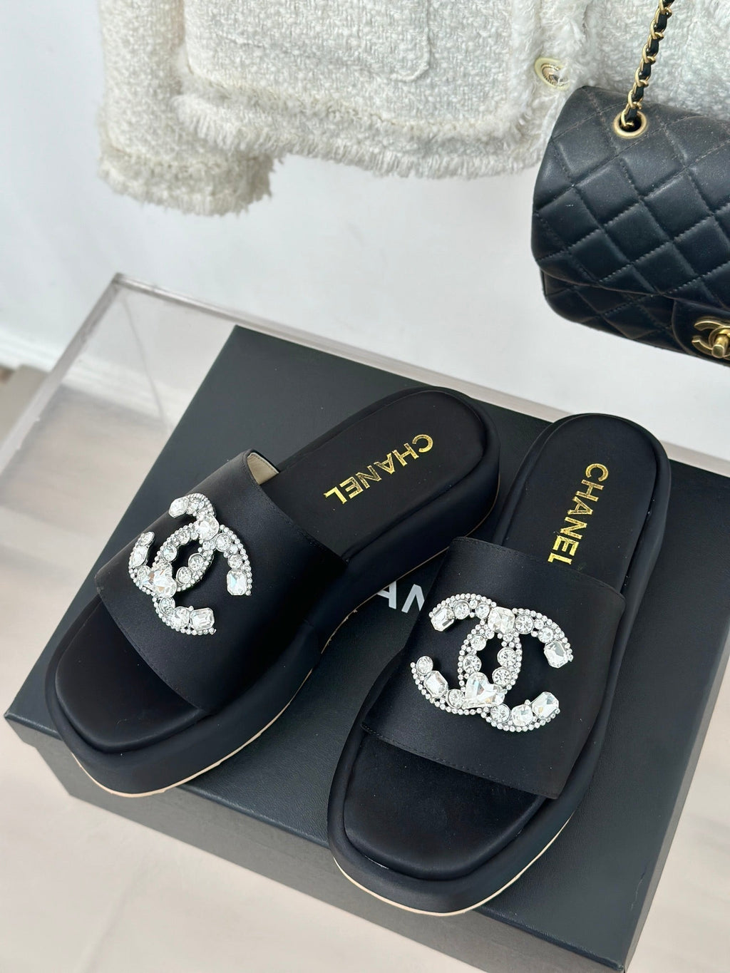 CHANEL SLIPPERS THICK SOLE IN BLACK SATIN