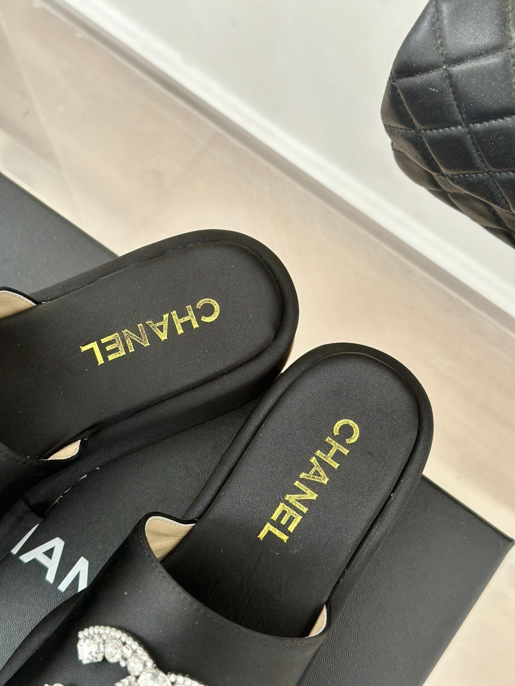 CHANEL SLIPPERS THICK SOLE IN BLACK SATIN