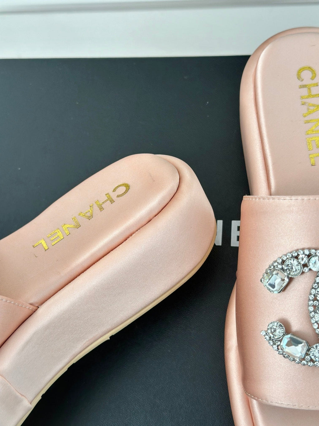CHANEL SLIPPERS THICK SOLE IN LIGHT PINK SATIN
