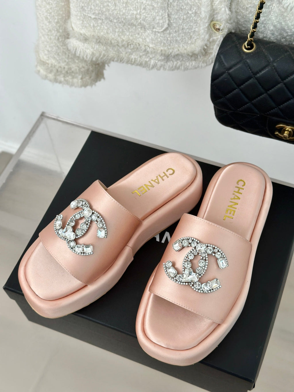 CHANEL SLIPPERS THICK SOLE IN LIGHT PINK SATIN