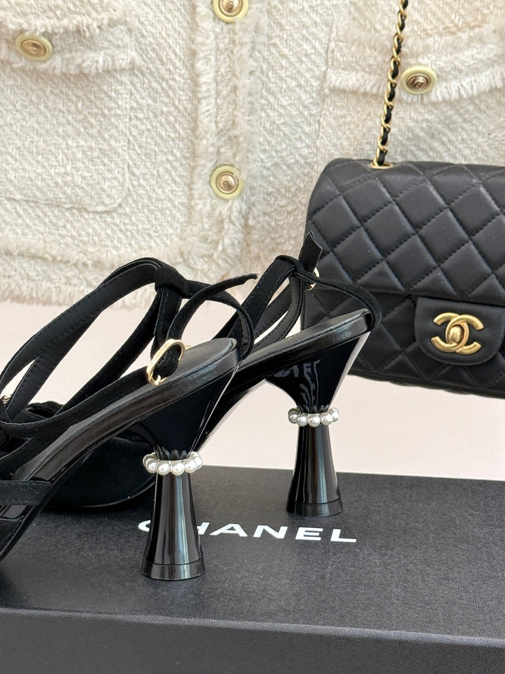 CHANEL CHAIN BOW HIGH HEEL 8 CM SLINGBACKS IN BLACK SUEDE
