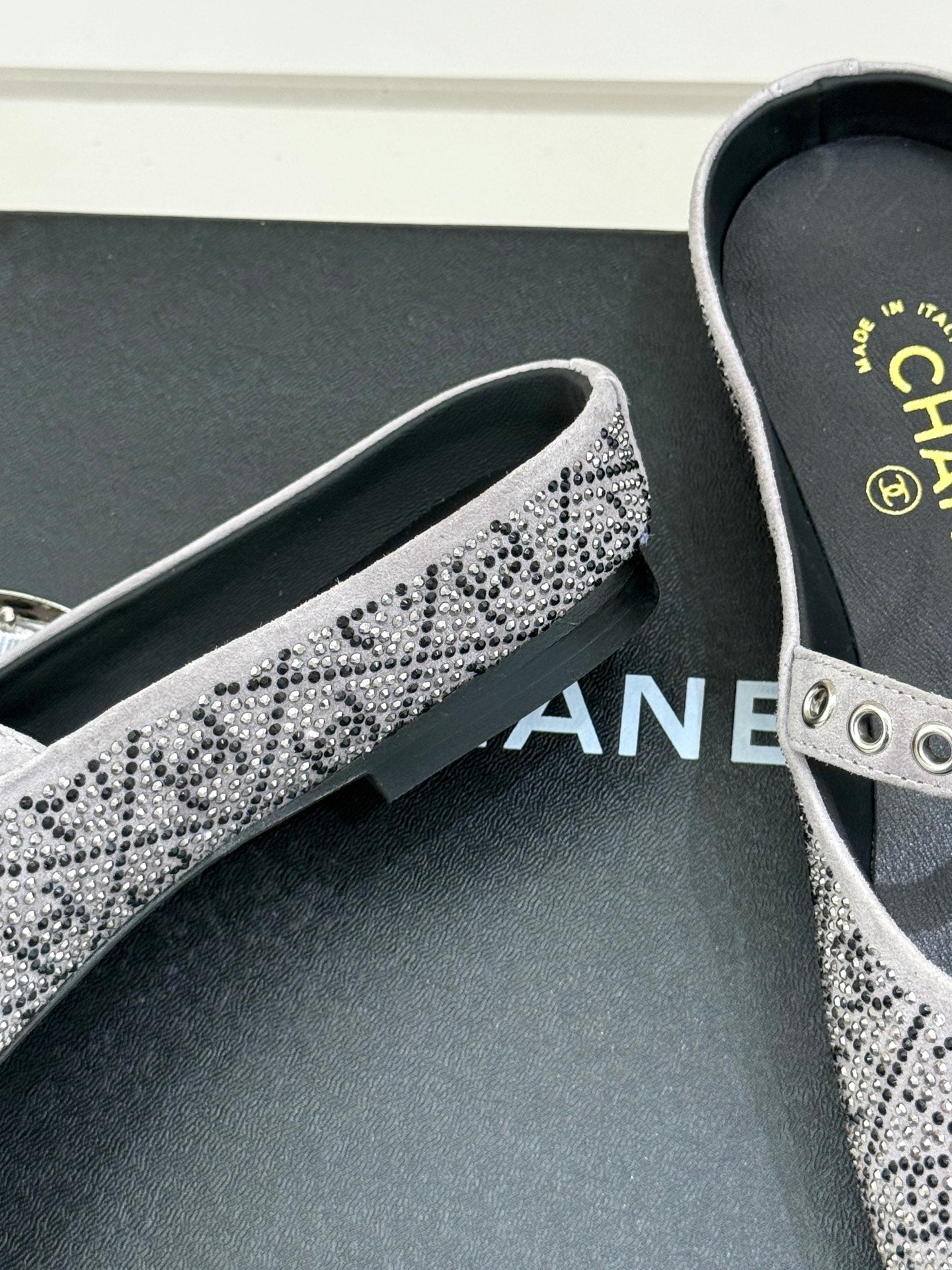 CHANEL FLAT MULES 25SS IN GREY EMBELLISHED WITH RHINESTONES