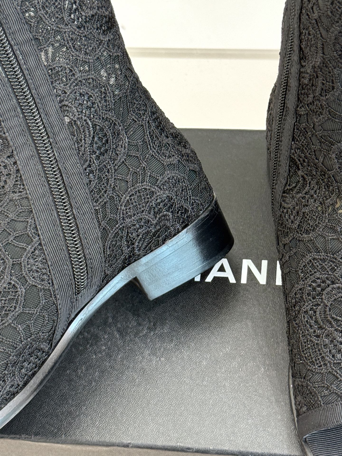 CHANEL PEEP-TOE BOOTS 25SS IN BLACK EMBOSSED LACE FABRIC