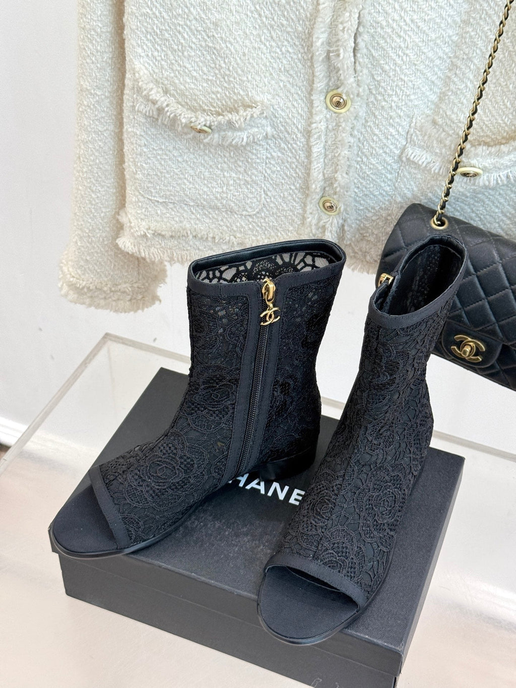 CHANEL PEEP-TOE BOOTS 25SS IN BLACK EMBOSSED LACE FABRIC