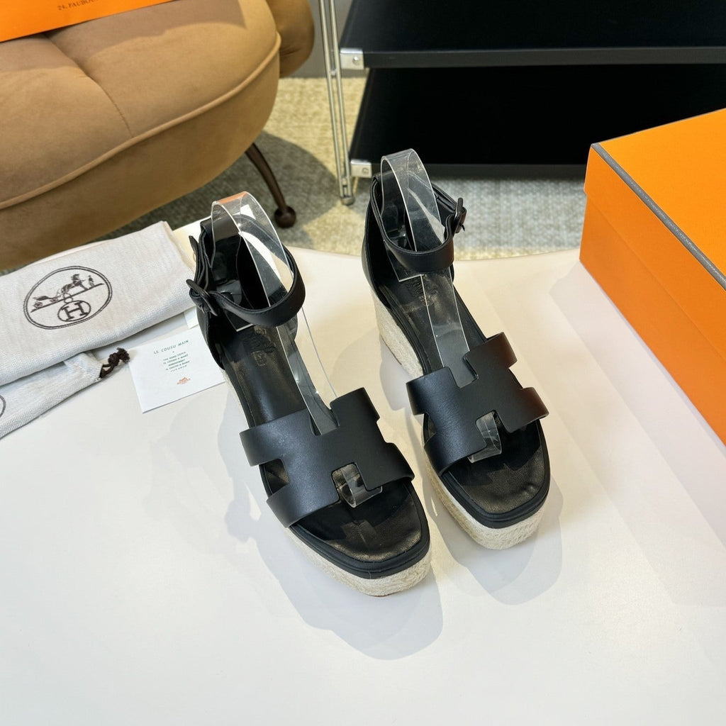 HERMES Elda espadrille 80 Black Calfskin