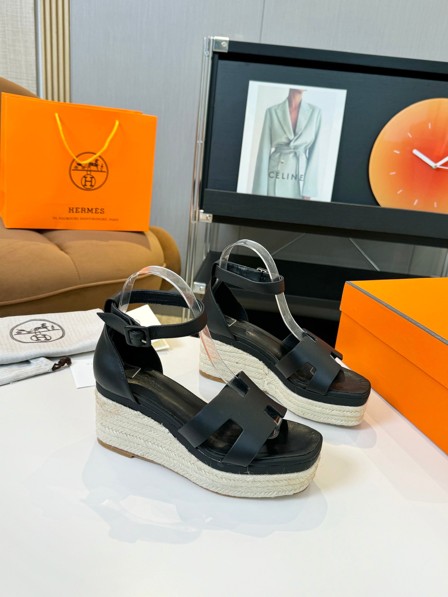 HERMES Elda espadrille 80 Black Calfskin