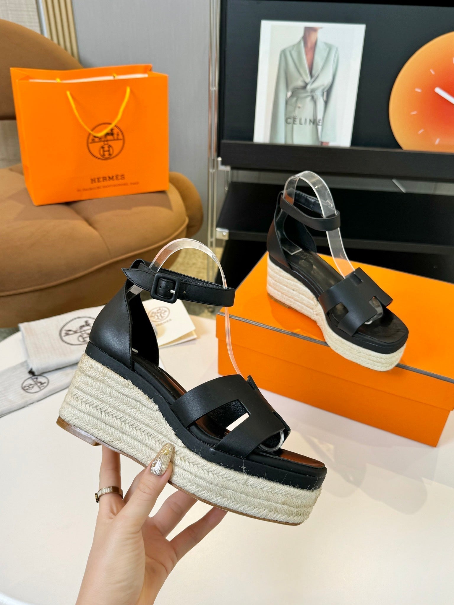 HERMES Elda espadrille 80 Black Calfskin