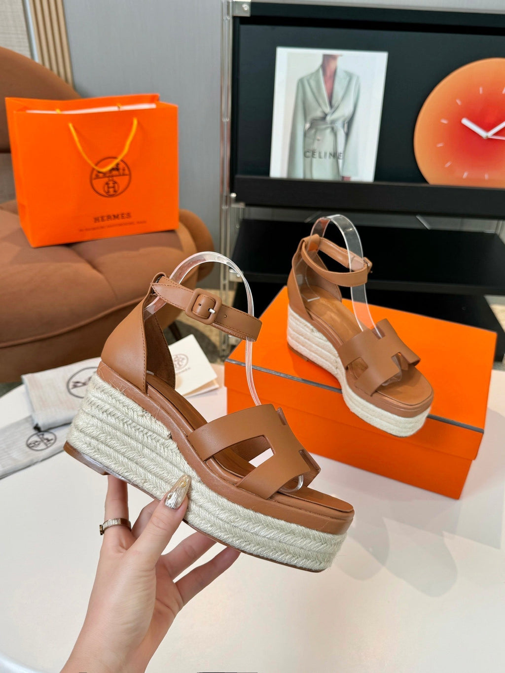 HERMES Elda espadrille 80 Tan Calfskin