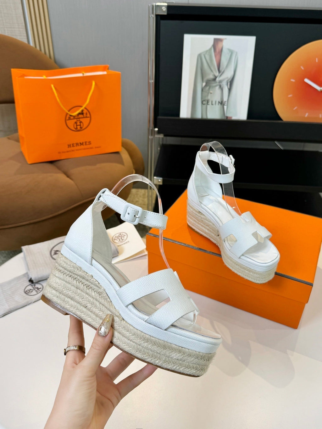 HERMES Elda espadrille 80 White Epsom Calfskin