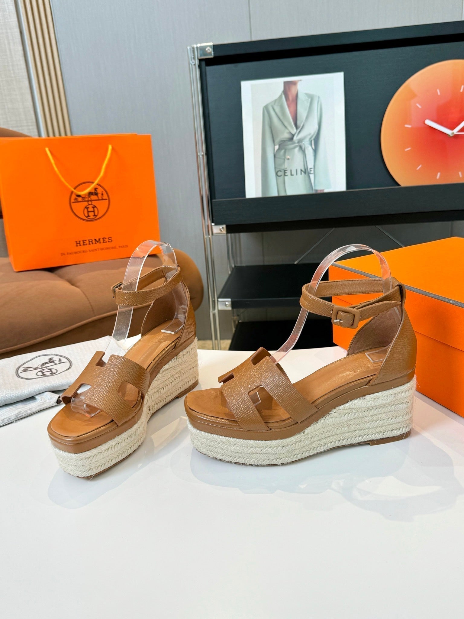 HERMES Elda espadrille 80 Light Brown Epsom Calfskin
