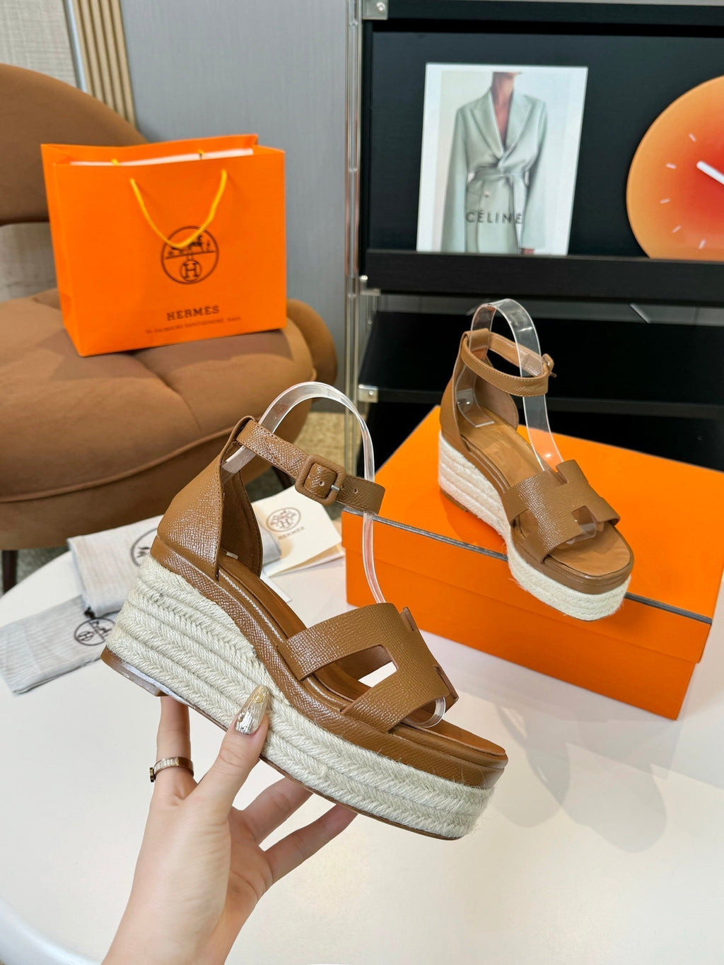 HERMES Elda espadrille 80 Light Brown Epsom Calfskin