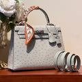 HERMES KELLY SELLIER 25 BAG IN PALE GRAY OSTRICH LEATHER WITH SILVER HARDWARE