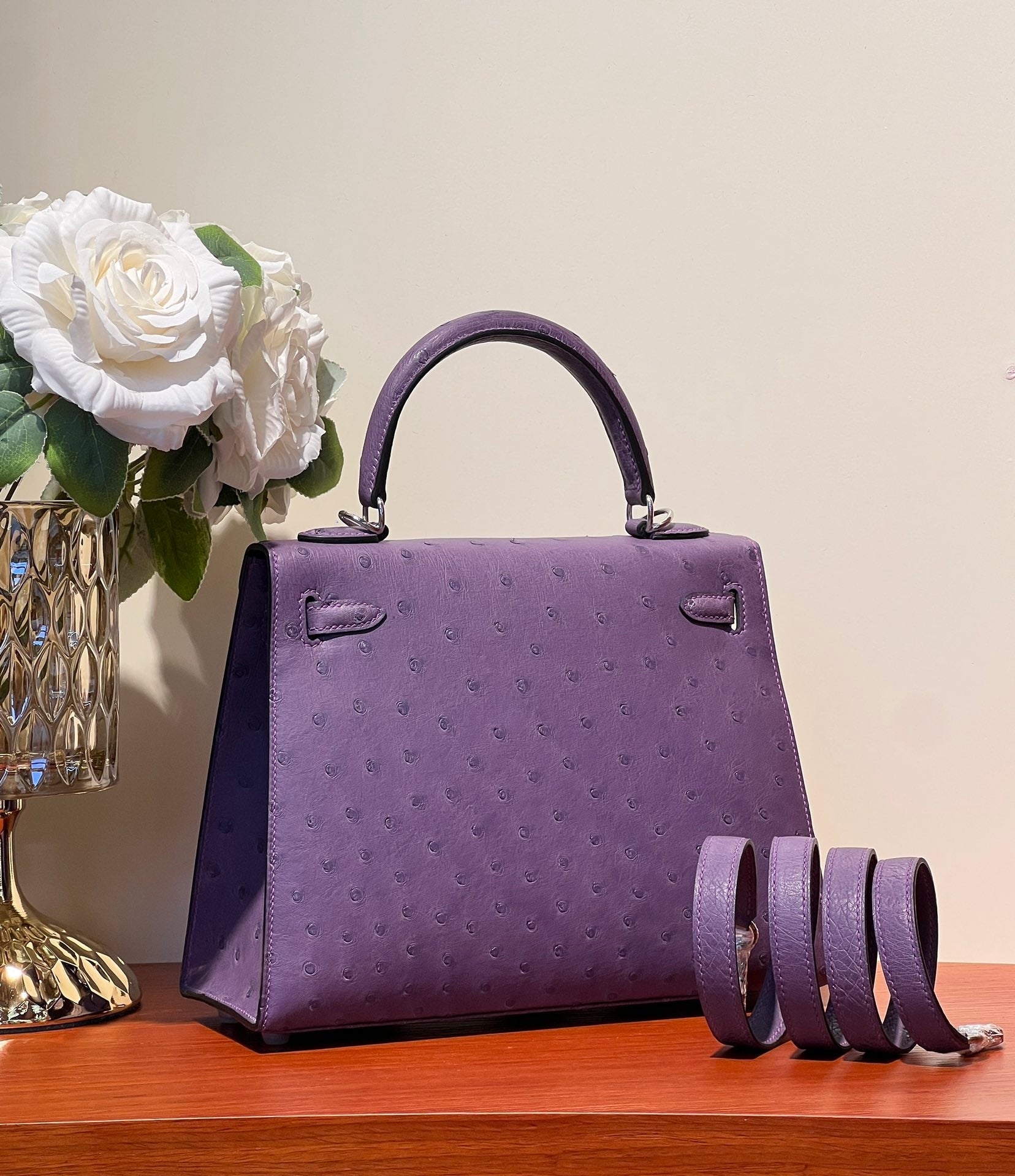 HERMES KELLY SELLIER 25 BAG IN ROYAL PURPLE OSTRICH LEATHER WITH SILVER HARDWARE
