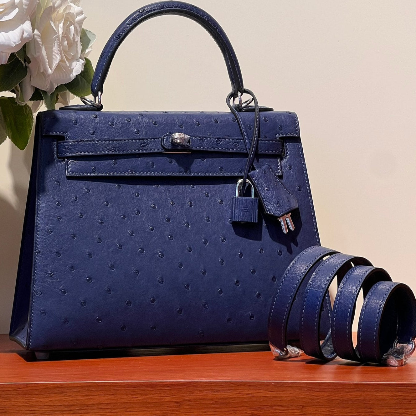 HERMES KELLY SELLIER 25 BAG IN NAVY BLUE OSTRICH LEATHER WITH SILVER HARDWARE