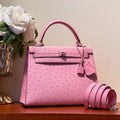 HERMES KELLY SELLIER 25 BAG IN DOLL PINK OSTRICH LEATHER WITH SILVER HARDWARE