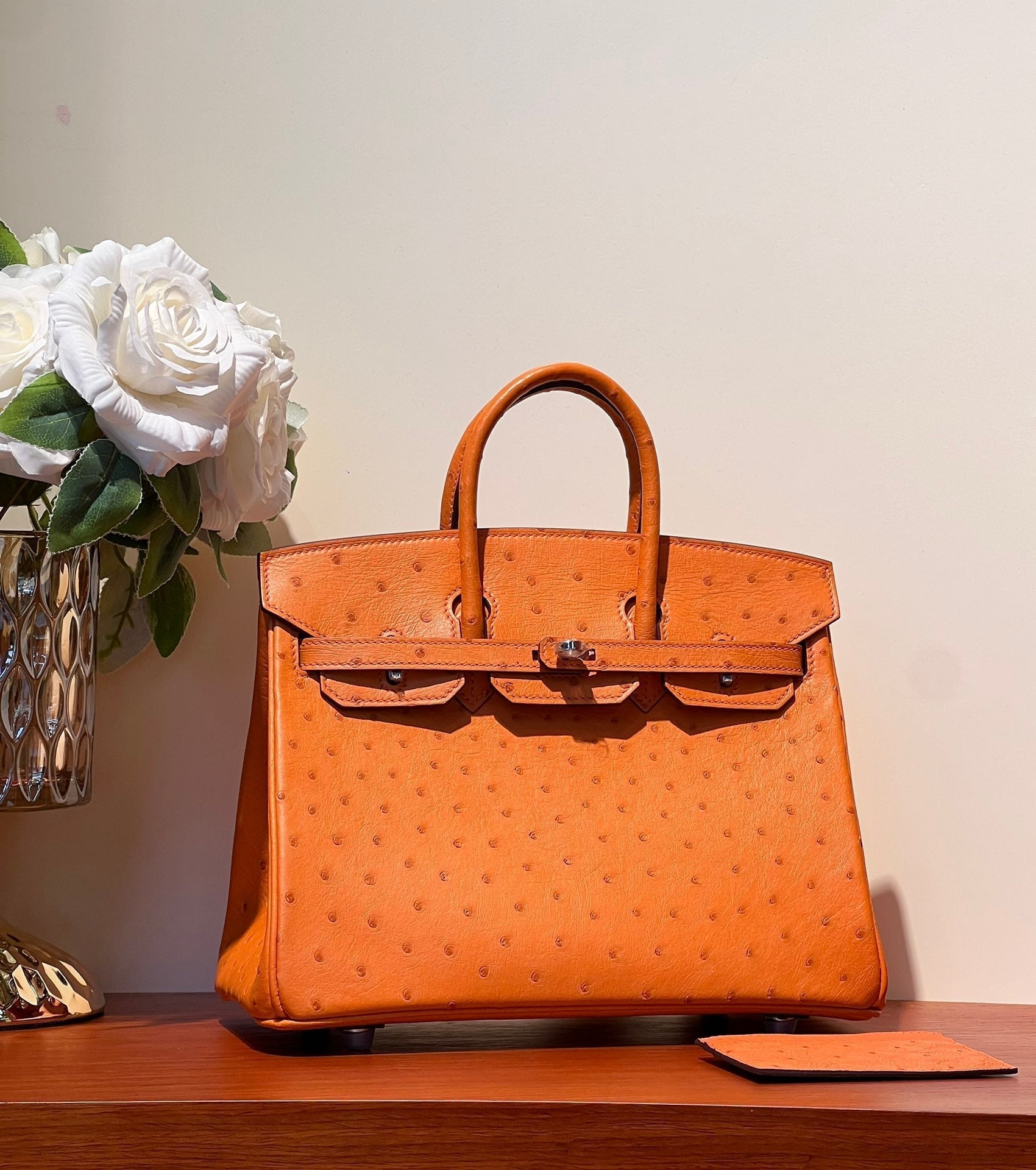 HERMES BIRKIN 25 BAG IN FIRE ORANGE OSTRICH LEATHER WITH SILVER HARDWARE (MADE-TO-ODER)