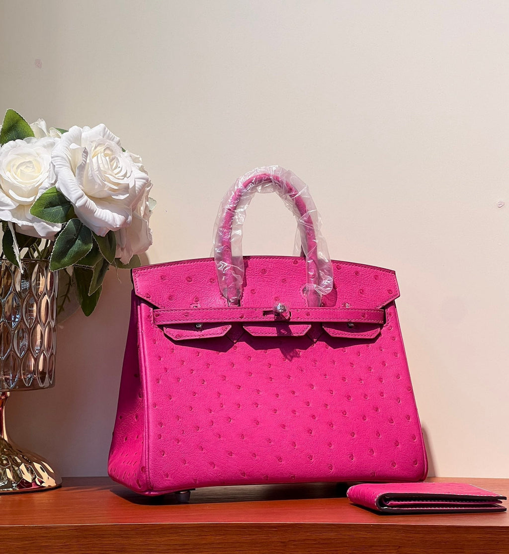 HERMES KELLY SELLIER 25 BAG IN BRIGHT PINK OSTRICH LEATHER WITH SILVER HARDWARE