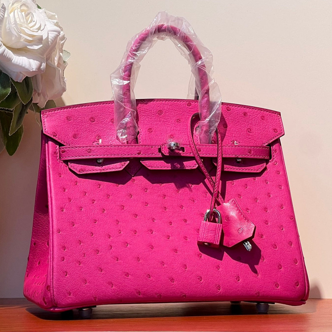 HERMES KELLY SELLIER 25 BAG IN BRIGHT PINK OSTRICH LEATHER WITH SILVER HARDWARE