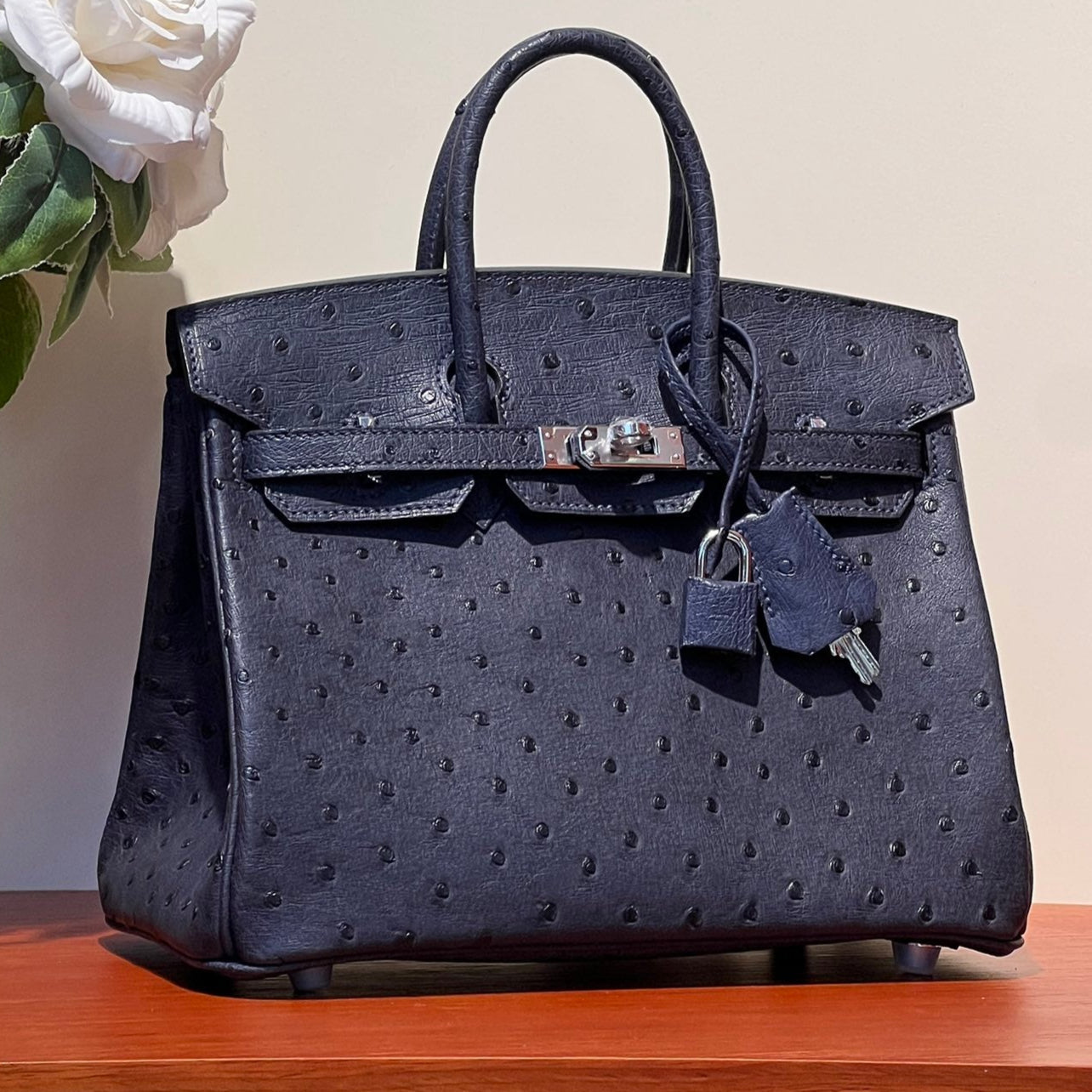 HERMES KELLY SELLIER 25 BAG IN SPACE BLUE OSTRICH LEATHER WITH SILVER HARDWARE