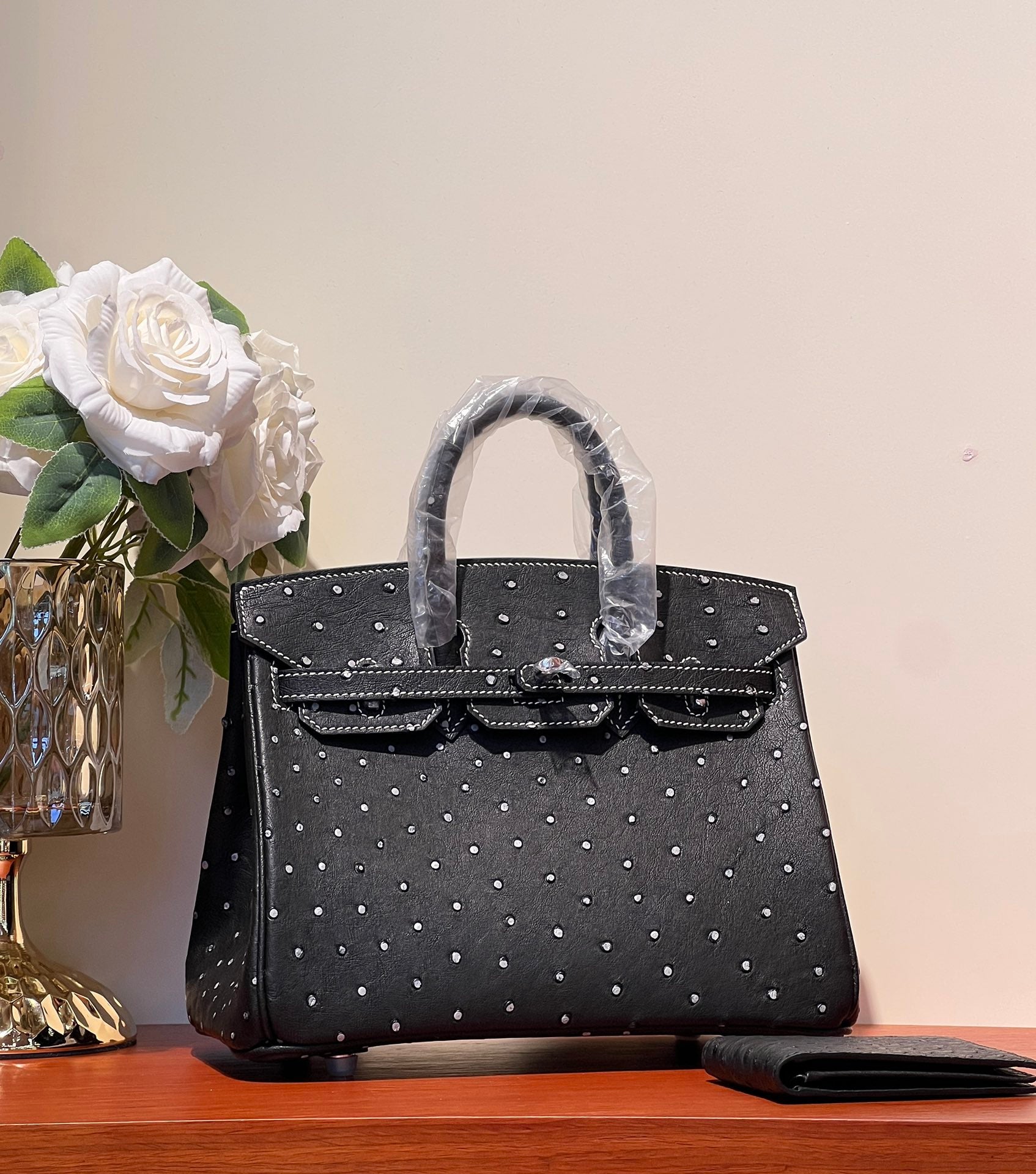 HERMES KELLY SELLIER 25 BAG IN BLACK OSTRICH LEATHER WITH WHITE RHINSTONES