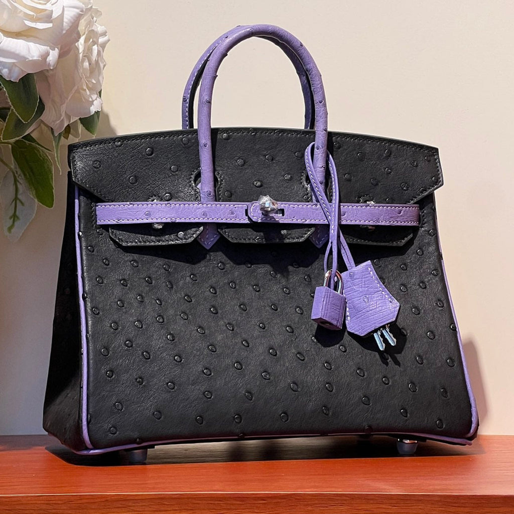 HERMES KELLY  SELLIER 25 BAG IN BLACK MIX AMETHYST PURPLE OSTRICH LEATHER