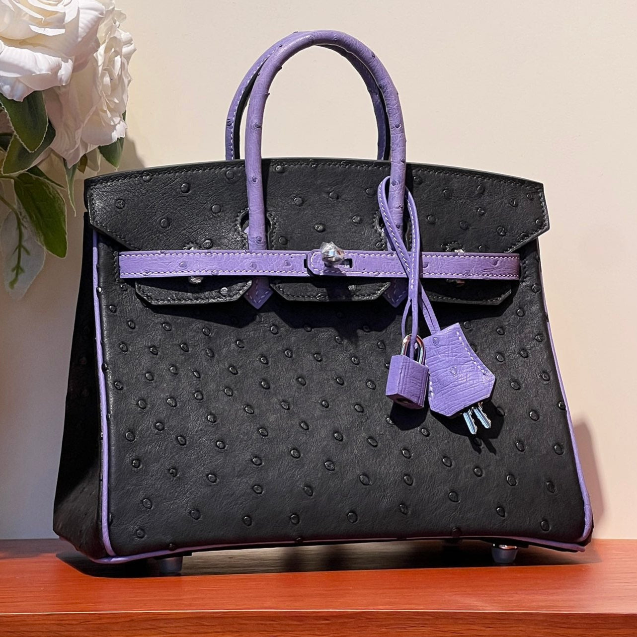 HERMES KELLY  SELLIER 25 BAG IN BLACK MIX AMETHYST PURPLE OSTRICH LEATHER