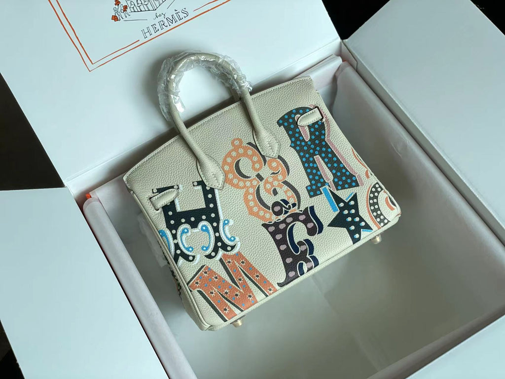 HERMES BIRKIN 25 BAG IN WHITE CREAM CALFSKIN WITH COLORFUL STICKER
