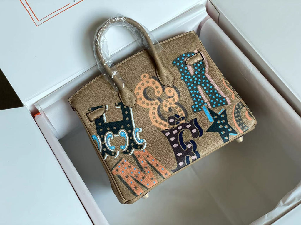 HERMES BIRKIN 25 BAG IN PEANUT BROWN CALFSKIN WITH COLORFUL STICKER