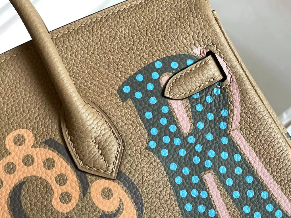 HERMES BIRKIN 25 BAG IN PEANUT BROWN CALFSKIN WITH COLORFUL STICKER