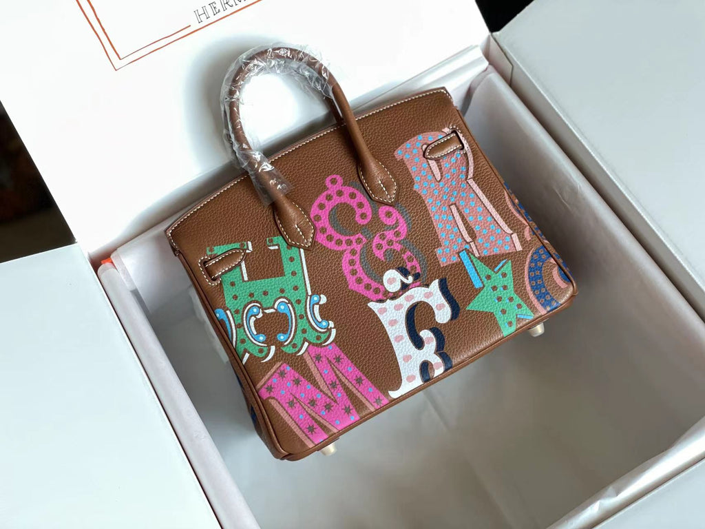 HERMES BIRKIN 25 BAG IN CHOCOLATE BROWN CALFSKIN WITH COLORFUL STICKER