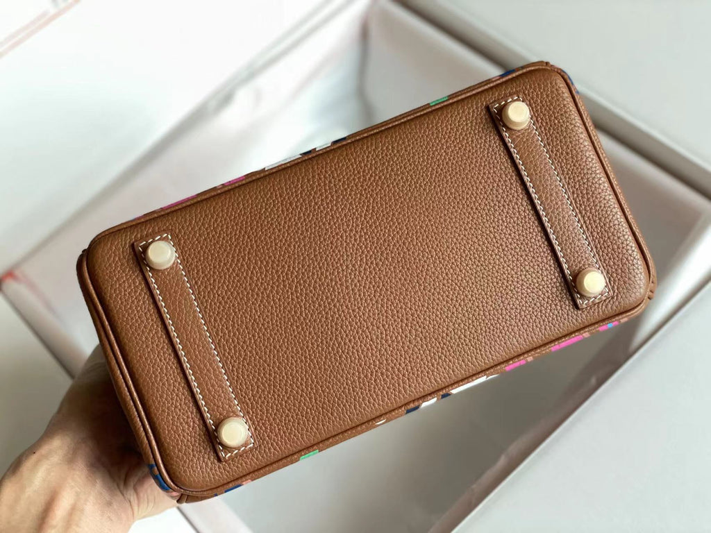 HERMES BIRKIN 25 BAG IN CHOCOLATE BROWN CALFSKIN WITH COLORFUL STICKER