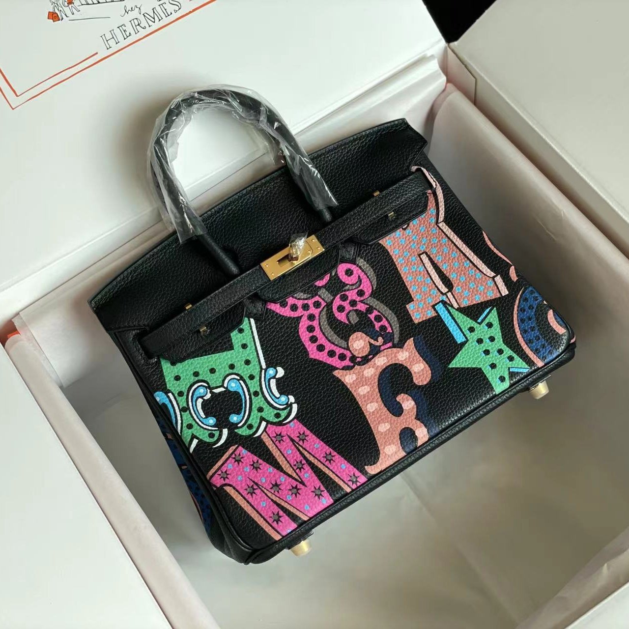 HERMES BIRKIN 25 BAG IN BLACK CALFSKIN WITH COLORFUL STICKER