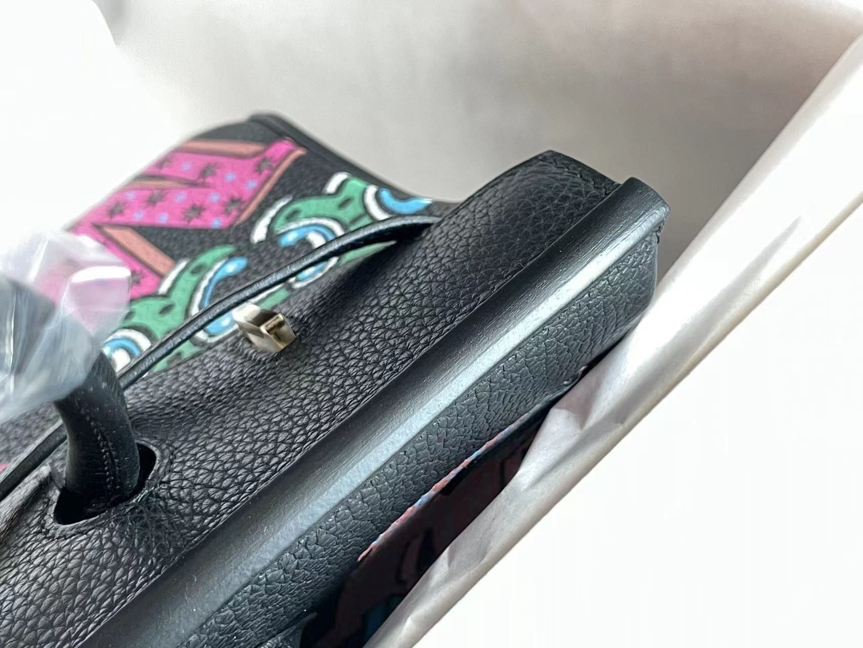 HERMES BIRKIN 25 BAG IN BLACK CALFSKIN WITH COLORFUL STICKER